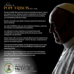 Tribute to Pope Francis by Governor Francis Nwifuru